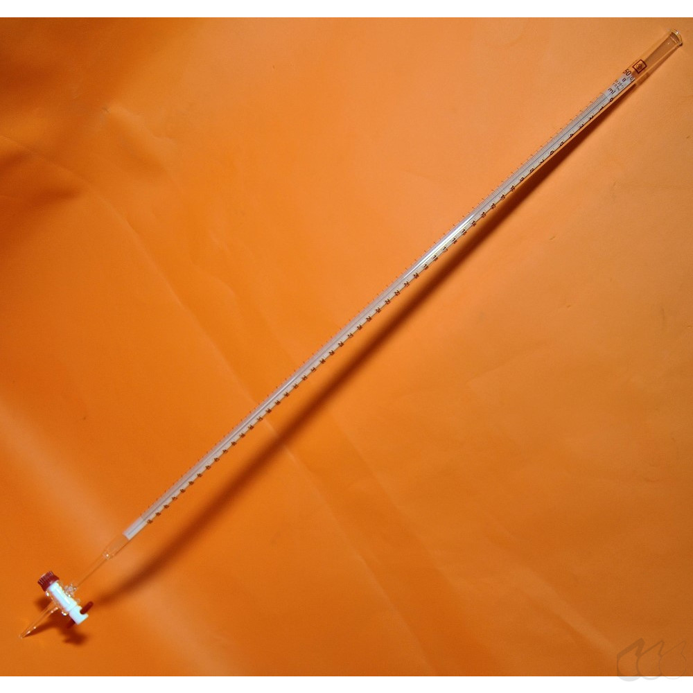Borosilikatglas-Bürette mit PTFE-Hahn, 50mL Fassungsvermögen, 0,10mL Teilung, Klasse A
